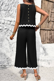 Two Piece Wavy Hem Top & Pant Set (Black)
