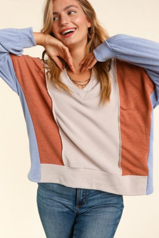 V-Neck Color Block Oversized Top (Denim/Rust/Taupe)