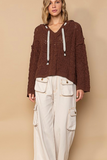 V-Neck Hooded Cable Knit Chenille Sweater (Brown)