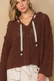 V-Neck Hooded Cable Knit Chenille Sweater (Brown)