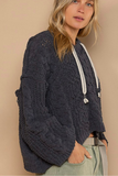 V-Neck Hooded Cable Knit Chenille Sweater (Charcoal)