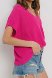 V-Neck Light Sweater Top (Hot Pink)