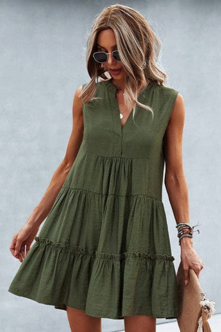 V-Neck Solid Ruffle Sleeveless Dress (Olive)