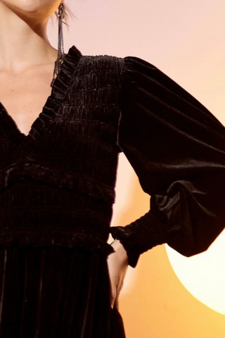 Velvet Smocked Ruffle Trim Midi Dress (Black)