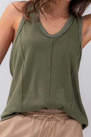 Waffle Trim Sleeveless Top (Olive)