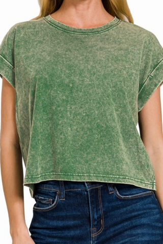 Washed Cuffed Short Sleeve Top (Green)