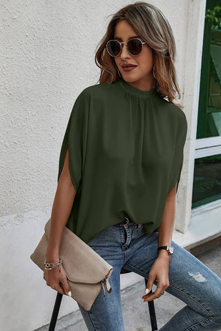 Solid Cape Short Sleeve Loose Top: Olive