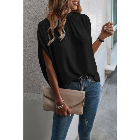 Solid Cape Short Sleeve Loose Top - BLACK