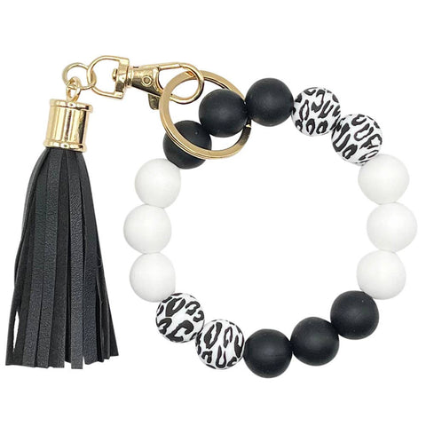 Silicone Beaded Bracelet Keychain - Black & White Leopard
