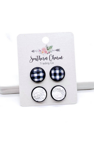 12mm White Buffalo Plaid & Snow White in Black Settings