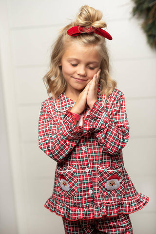 Kids Santa Plaid Pocket Button Lounge Christmas Winter Set