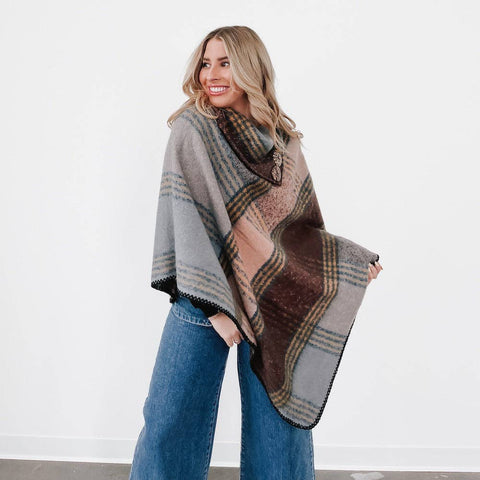 Bianca Button Neck Poncho: Brown