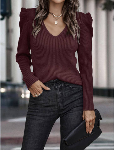 Ribbed Knit Puff Sleeve Sweater Top