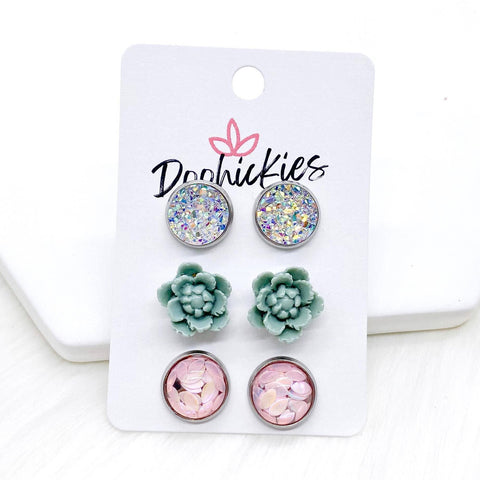 12mm Crystal/Mint Flowers/Pink Glitter Petals in Stainless