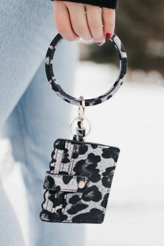 Card Holder With Key Ring Bangle & Tassel (Grey Leopard)