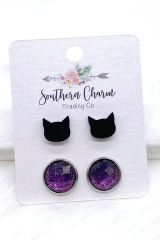 Cat Head & Purple Glitter Iridescent Earrings