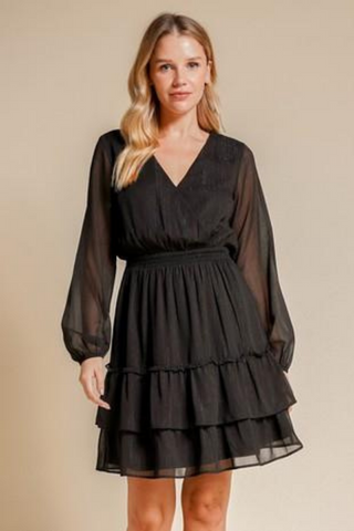 Chiffon Surplice Smock Waist Dress (Black)
