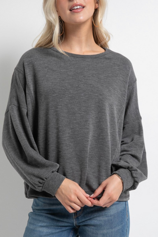 French Terry Back Surplice Hem Top (Charcoal)