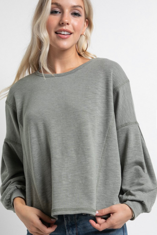 French Terry Back Surplice Hem Top (Olive)
