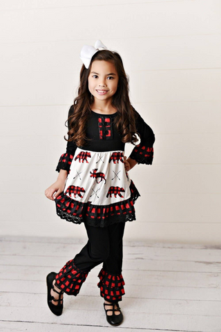 Kids Black Red Buffalo Check Ruffle Button Set