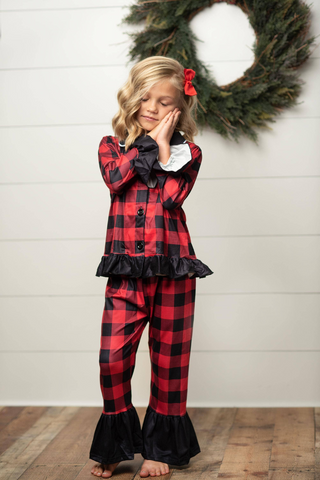 Kids Red Plaid Buffalo Check Button Lounge Winter Set