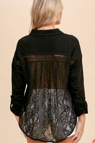 Lace Back Slub Button Down Shirt