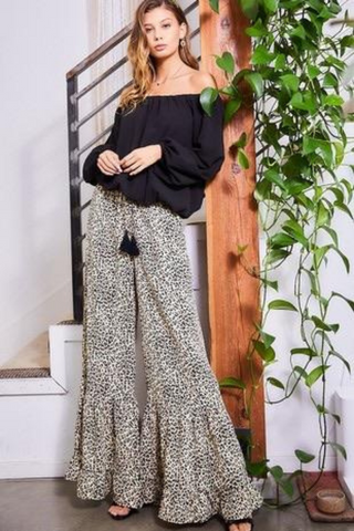 Leopard Print Ruffled Wide Leg Pant
