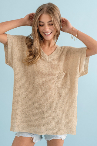 Light Knit Short Sleeve V-Neck Top
