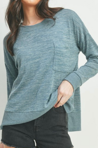Long Sleeve Contrast Rib Knit Top (Teal)