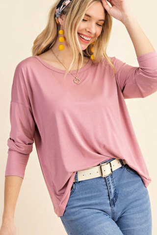 Long Sleeve Curved Hem Tee (Pink)