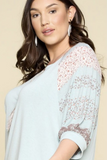 Plus Size, Crew Neck Floral Sleeve Top (Sage)