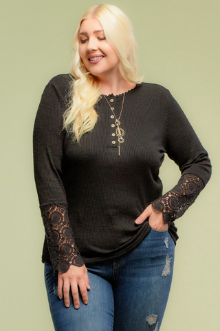 Plus Size, Crochet Sleeve Top (Black)