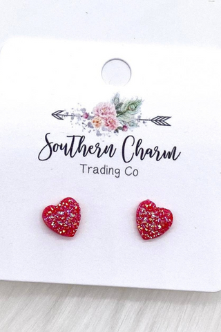 Valentine Sparkle Heart Earrings (Red)