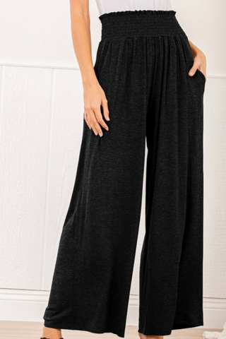 Wide Leg Pants with Smocked Waist (Black)