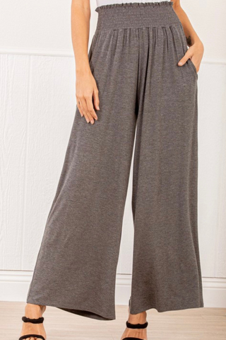 Wide Leg Pants with Smocked Waist (Charcoal)