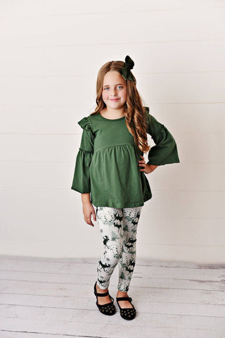Kids Winter Holiday Green Moose Ruffle Leggings Set